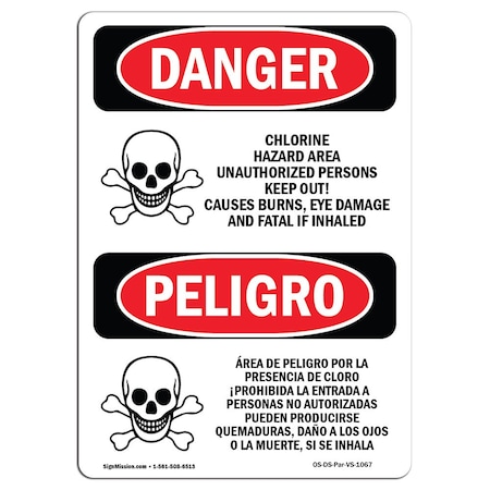 Signmission Safety Sign, OSHA Danger, 18" Height, Aluminum, Chlorine Hazard Area Bilingual Spanish OS-DS-A-1218-VS-1067